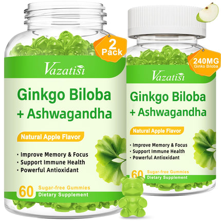 Vazatisi 2 Pack Ginkgo Biloba Gummies 240MG with Panax Ginseng for Better Mood and Focus, Booster Brain Health, 120 Vegan Apple Flavor Gummies