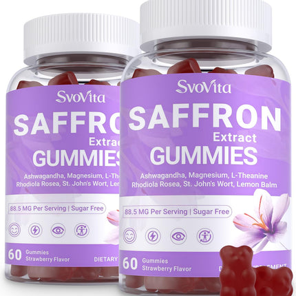 Svovita Saffron Gummies Supplements with 88.5 mg Saffron Extract, Magnesium Glycinate, L-Theanine, Ashwagandha, Rhodiola Rosea, St. John’s Wort - Sugar Free 120 Count