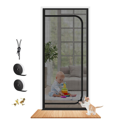 Upgraded Reinforced Pet Screen Door Thickened Cat Resistant Mesh Screen Door for Living Room, Bedroom, Patio, Dog Cat Scratch Proof Screen with Zipper Closure (Fits Door Size up to 36''x 82'', Black)