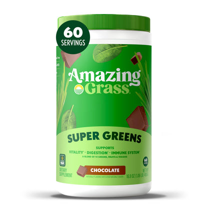 Amazing Grass Greens Blend Superfood: Super Greens Powder Smoothie Mix with Organic Spirulina, Chlorella, Beet Root Powder, Digestive Enzymes & Probiotics, Chocolate, 60 Servings (Packaging May Vary)