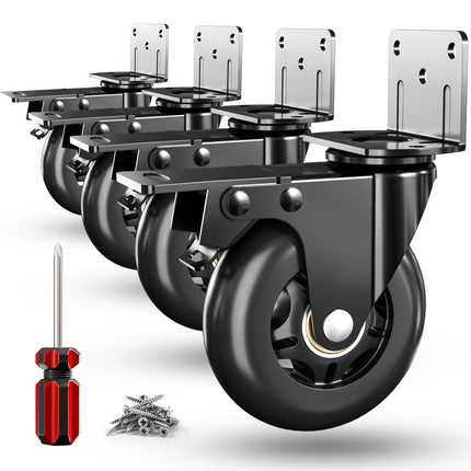 Side Mount Plate Caster Wheels - Thickened L-Shaped Mounting ，Heavy Duty 1200 LBS，Set of 4 with Brake，360° Swivel，Locking，Castor Wheels for Furniture，Carts，Cabinet，Table(Black, 3 inchs)
