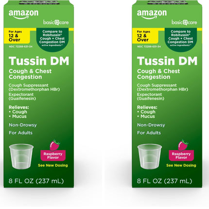 Amazon Basic Care Tussin Severe CF Max Syrup, Multi-Symptom Cough, Cold & Flu Liquid Medicine, Non-Drowsy, Relieves Cough, Sore Throat, Body Aches, Fever, Nasal and Chest Congestion,8 FlOz (Pack of 2)