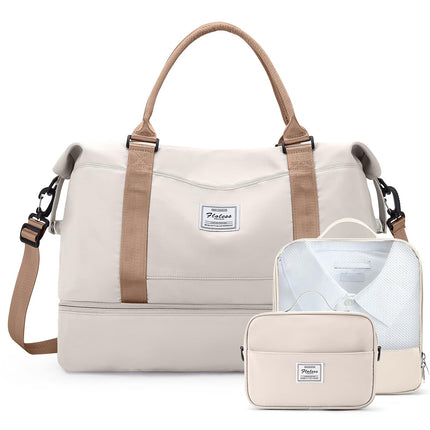 Weekender Bags for Women,Travel Duffle Overnight Bag with Shoe Compartment,Personal Item Carry On Bag,Beige & Brown,Extra Large,3 Pcs Set