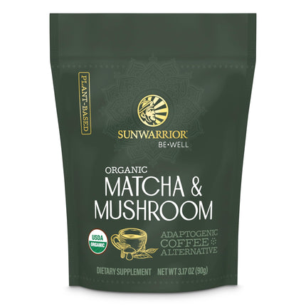 Sunwarrior Organic Matcha Mushroom Powder Supplement | Mushroom Matcha Coffee Alternative Blend of Ceremonial Grade | 90g Pouch 30 Servings Be Well
