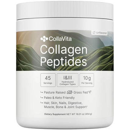 Colla Vita Collagen Peptides Powder Grass-Fed Pasture-Raised Hydrolyzed Collagen Powder, Type I & III Hair, Nails, Skin and Joints, Non-GMO, Paleo & Keto, Unflavored, 16 Fl oz. 45 Servings