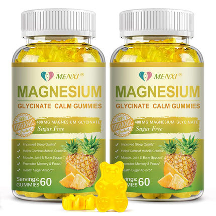 Magnesium Glycinate Gummies 400mg, Sugar Free Magnesium Taurate,Magnesium Malate Supplement with Vitamin D, B6, CoQ10 for Relaxation, Stress Relief, Muscle, Bone & Sleep Support-120 Pineapple Gummies