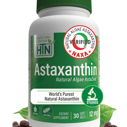 Health Thru Nutrition Astaxanthin Triple Strength 12mg Supplement 30 Softgels | AstaZine from Algae Organically Grown in Pristine Himalayan Water | Skin and Vision Support