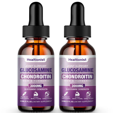Healtionist 2 Pack Glucosamine Chondroitin MSM Liquid Drops, Extra Strength Joint Support Supplement for Adults Men & Women, Quercetin Boswelia, Bromelain, Antioxidant Immune Support (4 Fl oz)