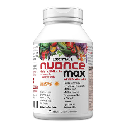 ANDREW LESSMAN Essential-1 nuonce max Multivitamin 5000 IU Vitamin D3 60 Small Capsules. 100 mcg Methyl B12. CoQ10 Lutein Lycopene Zeaxanthin. High Potency. No Additives. Ultra-Mild One Daily Capsule