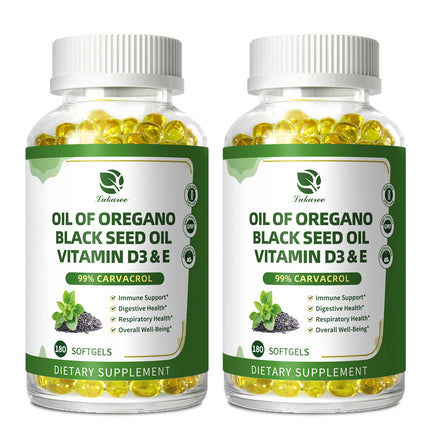 Lukaree Organic Oregano Oil Capsules with Black Seed Oil, Ultra-Concentrated 99% Carvacrol, 5-in-1 with Vitamin D3 E Black Pepper, Immune, Respiratory, Digestive & Antioxidant*, 180 Softgels, 2 Pack