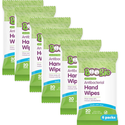 Antibacterial Hand Wipes by Boogie, Alcohol Free, Hypoallergenic and Moisturizing Aloe, Hand Wipes for Kids and Adults, 6 Packs of 20 (120 total wipes)