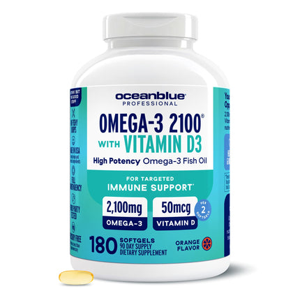 Oceanblue Professional Omega-3 2100 with Vitamin D3 – Triple Strength DPA EPA DHA Omega 3 Supplement – Burpless Wild Caught Fish Oil – Orange Flavor, 180 Count (90 Servings)