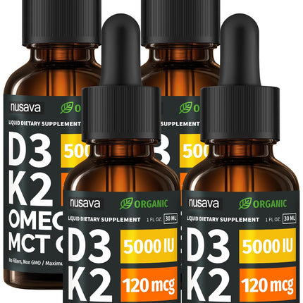 (4 Pack) Organic Vitamin D3 K2 Drops with MCT Oil & Omega 3 - Liquid Vitamin D3 5000 IU - K2 D3 Vitamin Supplement - Vitamin D Drops for Women & Men - No Fillers, Non-GMO, GMP, Unflavored (4 Fl Oz)