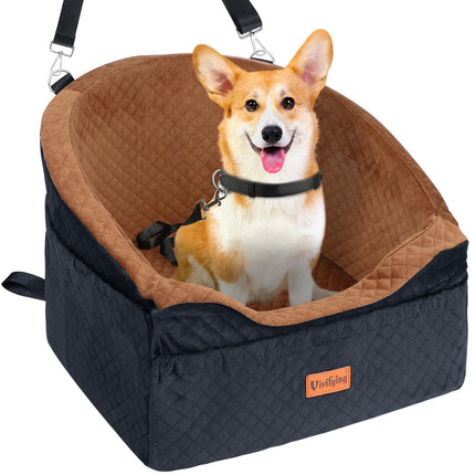 Vivifying Dog Car Seat for Small & Medium Dogs, Detachable & Washable Booster Seat for Pets Up to 30lbs, Travel Bed with Storage Pockets and Safety Belt – Brown&Black