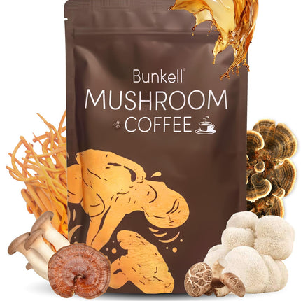 Bunkell Mushroom Coffee, Adaptogenic 6 Mushrooms with Lion's Mane, Reishi, Cordyceps, Shiitake, King Trumpet & Turkey Tail, Instant Coffee Powder for Energy, Digestion & Immune Support, 60 Servings