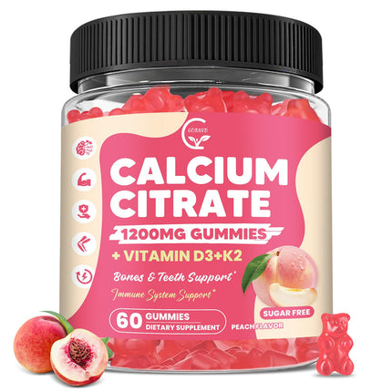 Calcium Citrate Gummies 1200 mg with Vitamin D3, K2 for Bone, Muscle & Immune Support, High Absorption Chewable Calcium Supplements for Women & Men, Sugar Free, Vegan, Peach Flavor, 60 Chews