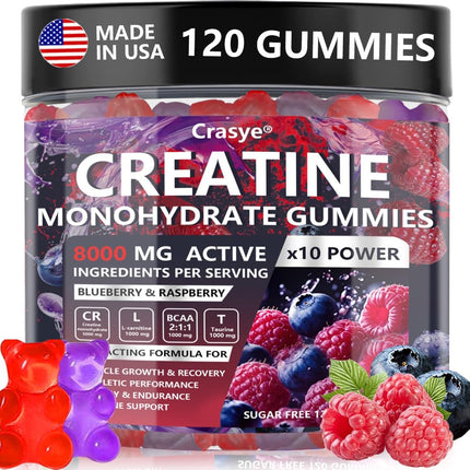 Crasye Creatine Gummies 5000mg for Men and Women Creatine Monohydrate Gummy with BCAA Taurine for Muscle Strength and Energy Boost Sugar Free Pre-Workout Supplement - 120 Gummies
