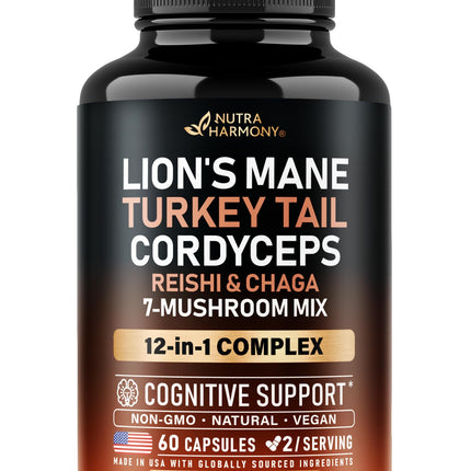 Mushroom Supplement - Organic Lions Mane | Turkey Tail | Chaga | Cordyceps | Reishi | Maitake | Shiitake | Meshima | Tremella | Oyster | Agaricus - for Women & Men - Non GMO, Gluten Free - 60 Capsules