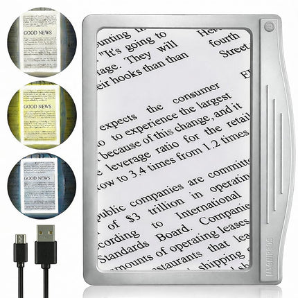 MagniPros 5X [Rechargeable] Large Ultra Bright LED Page Magnifier with Anti-Glare Lens & 3 Stepless Color Light Modes to Relieve Eye Strain-Ideal for Reading Small Prints, Low Vision and Seniors