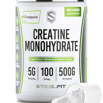 SteelFit Creapure Creatine Monohydrate Powder, Unflavored - German Micronized Creatine Powder for Men & Women - Gym Workout Nutritional Supplements for Muscle Gain, Brain Health & Strength Building