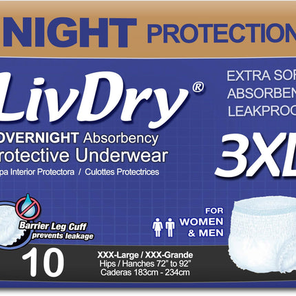 LivDry 3XL Overnight Adult Diapers for Women and Men, XXXL Incontinence Underwear, 72”-92" Waist, Disposable Pull-On Briefs, XXX-Large, 10 Count