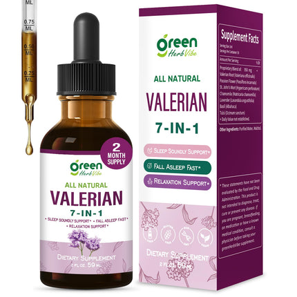 green Herb Vibe Valerian Root (Valeriana) Sleep Support Drops, 7-in-1 Herbal Extract Liquid Tincture Supplement for Relaxation & Sleep Soundly & Deeply with Passion Flower, Chamomile & Lavender. 2oz
