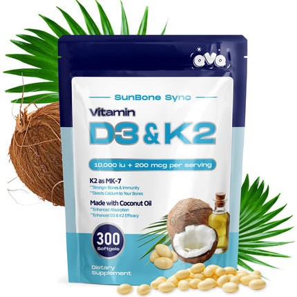 QVQ 300 Pcs 2 in 1 Vitamin D3 10000 iu Plus K2 (MK-7) 200 mcg Virgin Coconut Oil Softgels with Vitamins D & K Supports Calcium Absorption, Bone, Immune, & Heart Health – Easy to Swallow