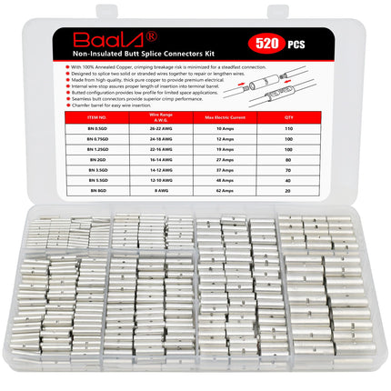 BAALA 520 PCS Non Insulated Butt Connectors Kit,26-8 Gauge Butt Splice Connector Uninsulated Wire Splice Connectors, Tinned Copper Marine Grade Seamless Barrel Crimping Butt Terminals