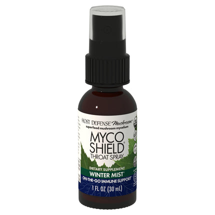 Host Defense MycoShield Throat Spray - Immune Health Support - Dietary Mushroom Supplement with Chaga, Reishi, Turkey Tail & More - On-the-Go Immune Support - Winter Mist, 1 fl oz (71 Servings)