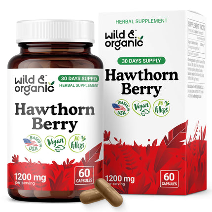 Wild & Organic Hawthorn Berry Capsules 1200 mg - Overall Support - Hawthorne Berry Supplement - Crataegus Monogyna Fruit Powder - 30 Days of Supply - Vegan, No Fillers, Non-GMO - 60 Count