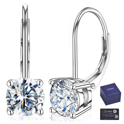 Moissanite Earrings for Women 2.0CT D Color,18K White Gold Plated Sterling Silver Dangle Earrings, Leverback Drop Earrings Jewelry for Gifts (18K White Gold, 2.0CT (1.0CT*2) - 6.5mm)