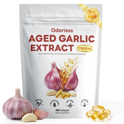 Gomerton Odorless Aged Garlic Extract Softgels 500mg Per Serving – Equivalent to 7,500mg Whole Organic Garlic Bulbs – Heart & Immune Support – 300 Non-GMO Softgels, Easy to Swallow, Gluten-Free