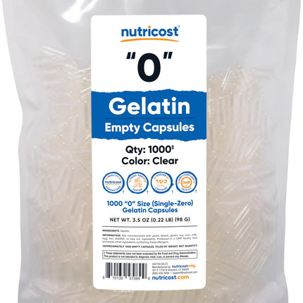 Nutricost Empty Capsules Gelatin Size (0) - 1,000 Clear Empty Gel Capsules - Kosher, Non-GMO, Soy Free, Gluten Free, GMP Compliant