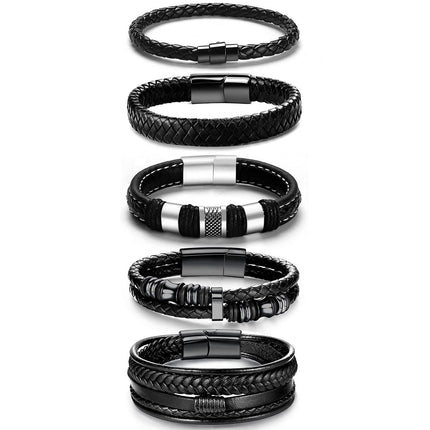 LOWNOUR Black Leather Bracelets for Men Women 5pcs Mens Bracelet Leather and Steel Braided Cuff Bracelets (A- 7.5inch)