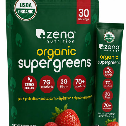 Zena Nutrition Organic Super Greens Powder, 70+ Superfoods, 0 Sugar, 3g Fiber, Spirulina, Chlorella, Mushrooms, Prebiotics/Probiotics, Digestive Enzymes, Gut Health, Mixed Berry, 30 Drink Mix Packets