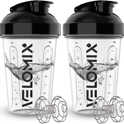 VELOMIX -2 Pack- 20 oz Protein Shaker Bottles for Protein Mixes - 2x Wire Whisk | Leak Proof Shaker Cups for Protein Shakes and Pre Workout | Protein Shaker Bottle Pack (Clear Prime)