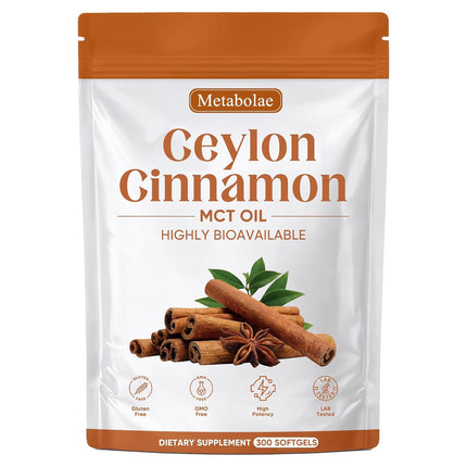 Jqewlg Metabolae Ceylon Cinnamon - 300 Softgels, 12:1 Concentrated Cinnamon Extract with MCT Oil, High Absorption Formula, Daily Wellness Support Supplement, Non-GMO & Gluten-Free