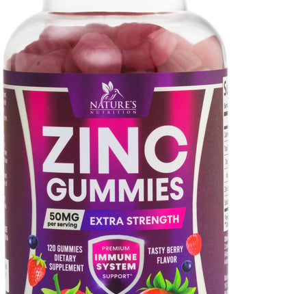Zinc Gummies - 50mg Zinc Per Serving Immune Skin & Bone Support Health Gummy - Premium Antioxidant Chewable, High Absorption Vegan, Best Supplements Vitamin for Adults, Tasty Berry Flavor, 120 Gummies