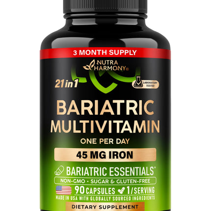 Bariatric Multivitamin - 45 mg Iron Supplements - Lab Tested - for Women & Men - All-in-One, 21 Essential Vitamins - Gastric Sleeve Support - Free of Sugar, Gluten & Soy - 90 Capsules, Once Daily