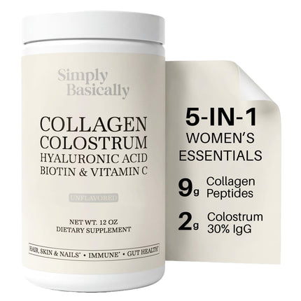 Simply Basically Colostrum Powder & Collagen Peptides, Biotin, Hyaluronic Acid & Vitamin C | Gut Health & Bloating, Immune Support, Hair, Skin & Nails Supplement | Unflavored | 11g Per Serving