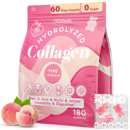OHaboth Collagen Gummies for Women, Hydrolyzed Collagen Peptides Type I, II, III, V, X, 0 Sugar - Collagen Gummies for Skin, Wrinkles, Hair, Nails, Digestive & Immune Health, 60 Days Supply