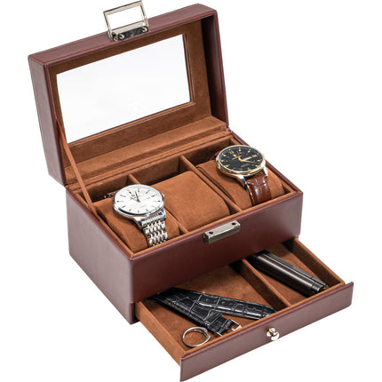 ProCase Watch Box, 3 Slot Watches Display Case with Drawer, Mens Watch Case with Glass Lid, 2-Layer Mens Jewelry Organizer Storage Holder, Birthday Valentine Gifts for Men-3 Slot, Espresso