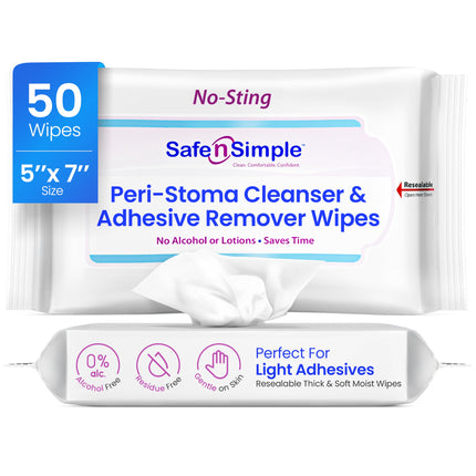 Safe n’ Simple Resealable Adhesive Remover Wipes for Skin - 50 Large 5"x7" No Sting Alcohol Free Medical Adhesive Remover Pads for Ostomy, Stoma Care - Gentle Adhesive Removal Wipes for Bandages, Tape