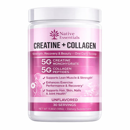 Native Essentials Creatine for Women + Collagen Peptides 5g Each - Muscle, Beauty, Performance