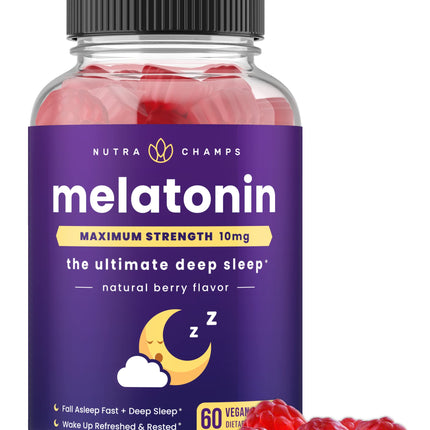 NutraChamps Melatonin Gummies for Adults, Extra Strength Sleep Aid Vitamins, 5mg or 10mg Dose, Vegan Natural Strawberry Flavor Supplement for Better Sleep, Healthy Sleep Cycles, 60 Gummies