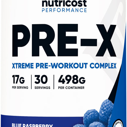 Nutricost Pre-X Xtreme Pre-Workout Powder Complex, Blue Raspberry, 30 Servings, Vegetarian, Non-GMO and Gluten Free