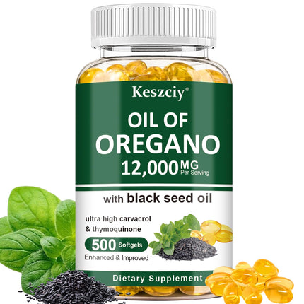 Keszciy 500 Softgels Oil of Oregano with Black Seed Oil, 2 in 1 Oregano Supplement for Immune Health, Retains High Concentrated Carvacrol & Thymoquinone, Non-GMO, 1 Pack