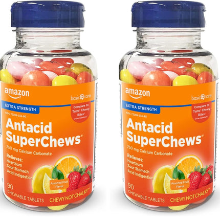 Amazon Basic Care Chewy Bites Chewable Antacid Tablets for Ultra Strength Heartburn Relief, Assorted Fruit, 90 Count (Pack of 2)