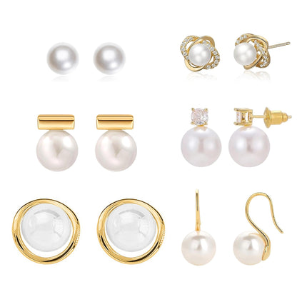 Kaibig 6 Pairs Pearl Stud Earrings for Women Gold Bar Knot Clover Cubic Zircon Stud Mixed Styles Pearl Earrings Set Perfect for Wedding Prom Party Daily Wear Elegant Jewelry for Women