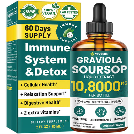 vivcmin Graviola Soursop Leaf Extract Liquid - Soursop Bitters Liquid, Support Immune, Relax, Liver and Sleep | Non-GMO, Sugar & Gluten Free, Original Flavor, 2 Fl Oz